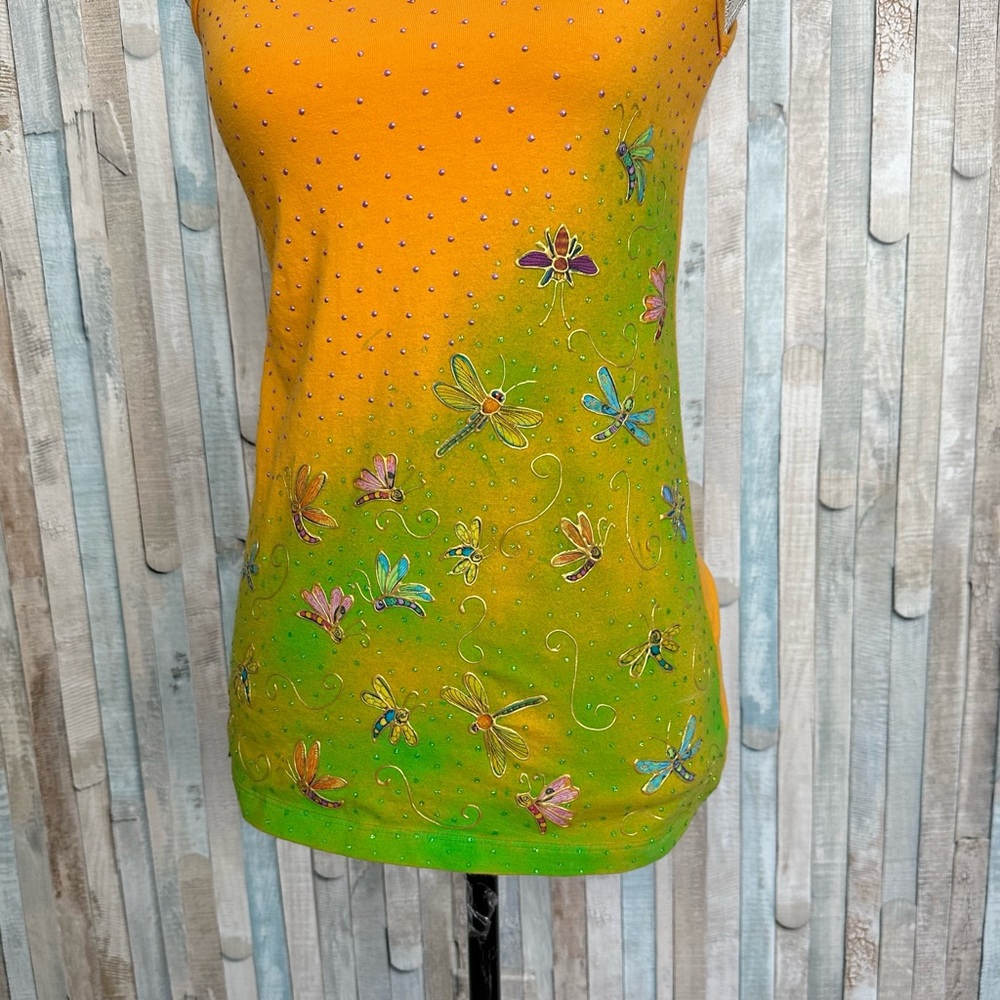 Vintage 90s S Bright Orange Green Painted Dragonfly Tank Top Cami Y2K Fairycore - Picture 4 of 6